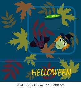 Halloween autumn fallen leaves mask witches bat vector