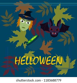 Halloween autumn fallen leaves mask witches bat vector
