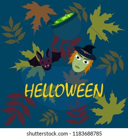 Halloween autumn fallen leaves mask witches bat vector