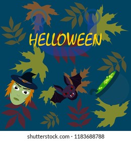Halloween autumn fallen leaves mask witches bat vector