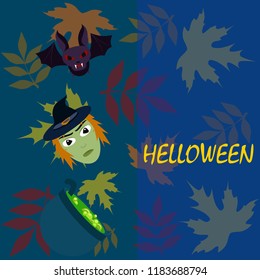 Halloween autumn fallen leaves mask witches bat vector