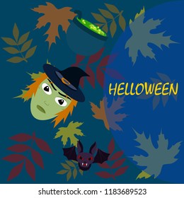 Halloween autumn fallen leaves mask witches bat vector