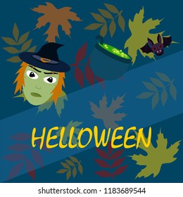 Halloween autumn fallen leaves mask witches bat vector