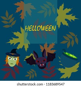 Halloween autumn fallen leaves mask witches bat vector