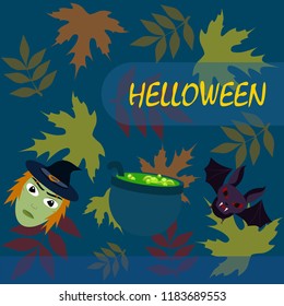 Halloween autumn fallen leaves mask witches bat vector