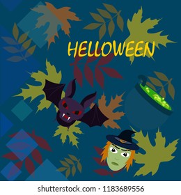 Halloween autumn fallen leaves mask witches bat vector