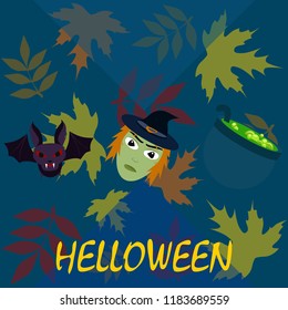 Halloween autumn fallen leaves mask witches bat vector