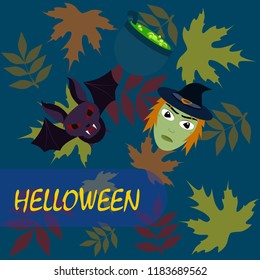 Halloween autumn fallen leaves mask witches bat vector