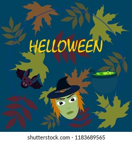 Halloween autumn fallen leaves mask witches bat vector