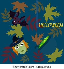 Halloween autumn fallen leaves mask witches bat vector