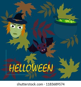 Halloween autumn fallen leaves mask witches bat vector