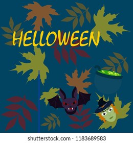 Halloween autumn fallen leaves mask witches bat vector