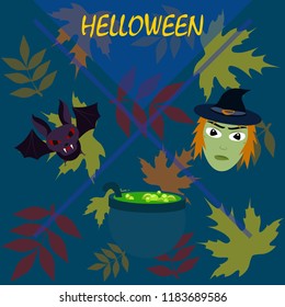 Halloween autumn fallen leaves mask witches bat vector