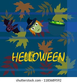 Halloween autumn fallen leaves mask witches bat vector