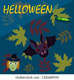 Halloween autumn fallen leaves mask witches bat vector