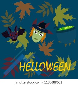 Halloween autumn fallen leaves mask witches bat vector