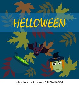Halloween autumn fallen leaves mask witches bat vector