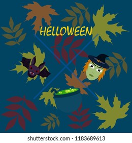 Halloween autumn fallen leaves mask witches bat vector