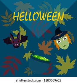 Halloween autumn fallen leaves mask witches bat vector