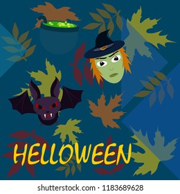 Halloween autumn fallen leaves mask witches bat vector
