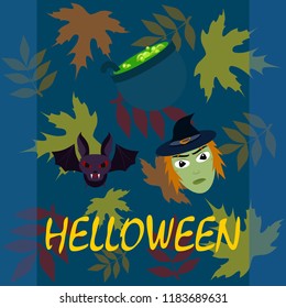 Halloween autumn fallen leaves mask witches bat vector