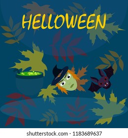 Halloween autumn fallen leaves mask witches bat vector