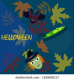 Halloween autumn fallen leaves mask witches bat vector