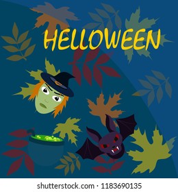Halloween autumn fallen leaves mask witches bat vector