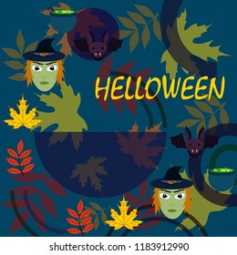 Halloween autumn fallen leaves mask witches bat vector