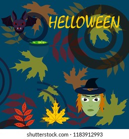 Halloween autumn fallen leaves mask witches bat vector