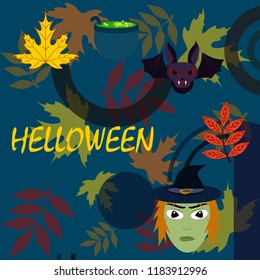 Halloween autumn fallen leaves mask witches bat vector