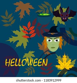 Halloween autumn fallen leaves mask witches bat vector