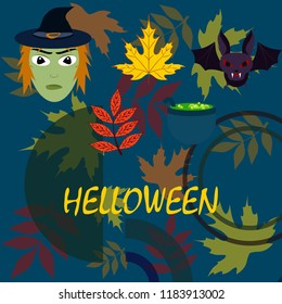 Halloween autumn fallen leaves mask witches bat vector