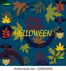 Halloween autumn fallen leaves mask witches bat vector