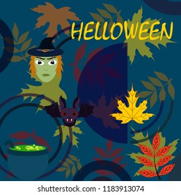 Halloween autumn fallen leaves mask witches bat vector