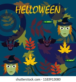 Halloween autumn fallen leaves mask witches bat vector