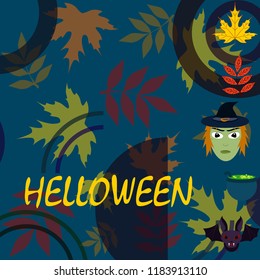 Halloween autumn fallen leaves mask witches bat vector