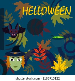 Halloween autumn fallen leaves mask witches bat vector