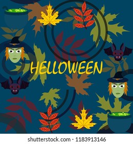 Halloween autumn fallen leaves mask witches bat vector