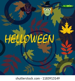 Halloween autumn fallen leaves mask witches bat vector