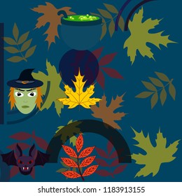 Halloween autumn fallen leaves mask witches bat vector