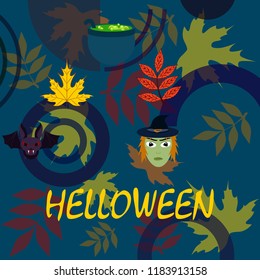 Halloween autumn fallen leaves mask witches bat vector