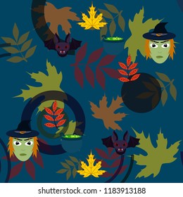 Halloween autumn fallen leaves mask witches bat vector