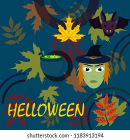 Halloween autumn fallen leaves mask witches bat vector