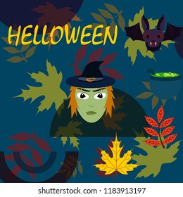 Halloween autumn fallen leaves mask witches bat vector