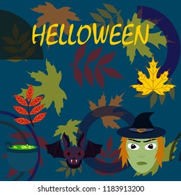 Halloween autumn fallen leaves mask witches bat vector