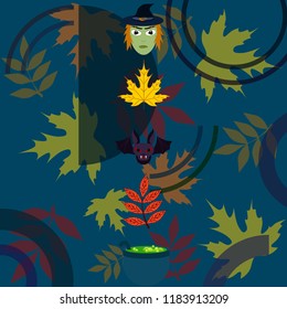 Halloween autumn fallen leaves mask witches bat vector