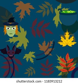 Halloween autumn fallen leaves mask witches bat vector