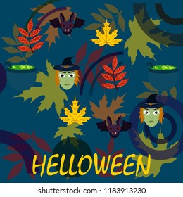Halloween autumn fallen leaves mask witches bat vector