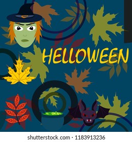 Halloween autumn fallen leaves mask witches bat vector